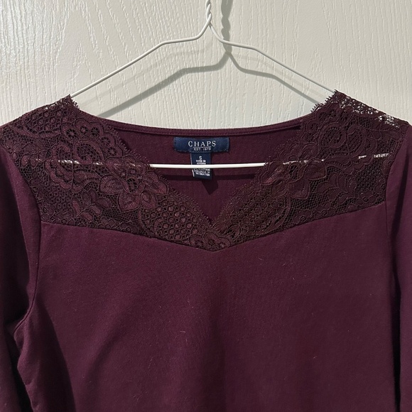 Chaps Burgundy Wine Lace Long Sleeve Top - Picture 2 of 6
